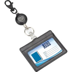 Wisdompro Badge Holder with Retractable Keychain, 2-Sided Horizontal PU Leather ID Badge Holder with 2 Card Slots and Badge Reel for Work ID, School ID, Metro Card & Access Card - Black