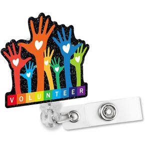 Volunteer Retractable Glitter Badge Reel with Clip, Funny Mental Health Badge Holder for Volunteer Social Worker Therapist, Volunteer Gifts for Healthcare, Volunteer Appreciation Gifts