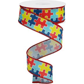 Autism Awareness Puzzle Piece Wired Edge Ribbon (1 1/2 inch x 10 Yards) Crafting Ribbon, Back to School, Awareness Wreath Bow Ribbon