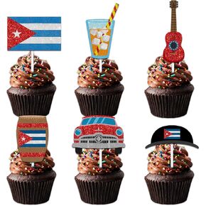 18pcs Glitter Dessert Cupcake Topper Pick for Cuba Havana Nights Theme Decorations Men Women Happy Birthday Party Decor Supplies