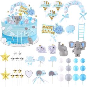 Tallew 42 Pcs Elephant Cake Toppers Elephant Baby Shower Cake Decoration Ball Toppers Stars Candle Decorations Supplies for Birthday Party Wedding Baby Shower