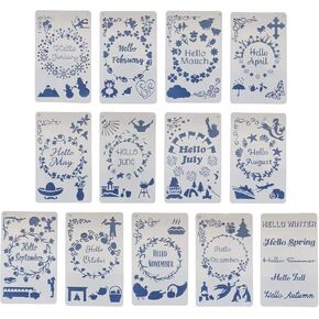 13pcs Monthly Stencils Drawing Painting Templates Set, 1-12 Months and Season Fun Themes Words Borders Journal Stencils for Scrapbooking Craft Projects Stamping Album Card