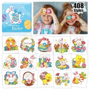Partywind Glitter Easter Temporary Tattoos for Kids, 408 Styles Easter Tattoo Stickers for Boys and Girls, Easter Basket Fillers for Kids Spring Party Supplies Favors Goodie Bag Stuffers
