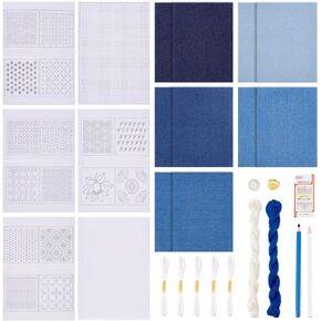 WEBEEDY DIY Sashiko Kit Japanese Sashiko Practice Kit with Sashiko Template Sashiko Thread Needles Thimble for Beginners,Water Soluble Embroidery Patterns Full Embroidery Set for Hand Sewing