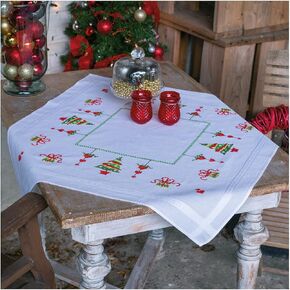 Vervaco Stamped Cross Stitch Tablecloth Kit for Christmas Trees and Gifts DIY Holiday Embroidery Set ca. 32" x 32" DIY Home Decor Crafts Supply Creative Gift for Crafters
