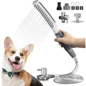 Dog Shower Attachment, Dog Shower Head with 3 Spray Modes & One-Button ON/OFF, Dog Bath Supplies with Metal T-Diverter & Outdoor Adapter, Deep Clean & Massage, No Drill Hook Pet Bathing Kit