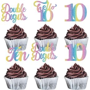 10th Birthday Cupcake Toppers, Rainbow Glitter Double Digits, Hello 10, Cheers to 10th Birthday Cupcake Picks, Ten Years Old Party Supplies.18pcs