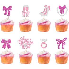 She's Tying the Knot Cupcake Topper, She's Tying the Knot Bridal Shower Decorations, Coquette Themed Cupcake Topper, Coquette Bridal Shower Party Decor, Pink Bow Cupcake Toppers, 24Pcs
