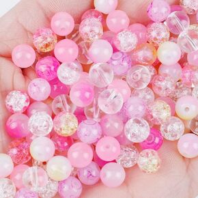 100PCS Glass Beads for Jewelry Making, Mix 8MM Hot Pink Crackle Lampwork Glass Beads Aurora Crystal Beads Matte Gemstones Spacer Beads Kits for Crafts