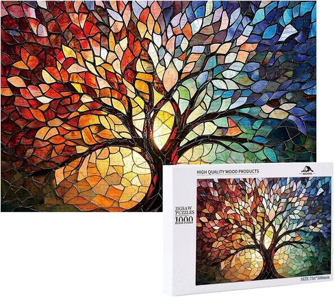 Stained Glass Tree of Life Puzzle for Adults 1000 Pieces, Wooden Jigsaw Puzzle with High-Resolution Poster, Colorful Mosaic Art, 30x20 Inch Wall Decor and Gift for Family Game Night in Saudi Arabia