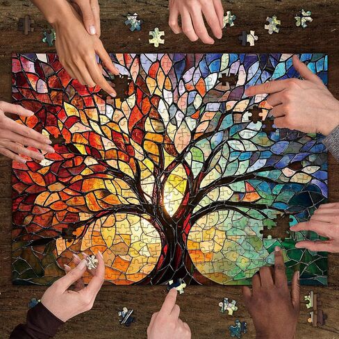 Stained Glass Tree of Life Puzzle for Adults 1000 Pieces, Wooden Jigsaw Puzzle with High-Resolution Poster, Colorful Mosaic Art, 30x20 Inch Wall Decor and Gift for Family Game Night in Saudi Arabia
