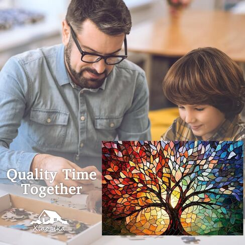 Stained Glass Tree of Life Puzzle for Adults 1000 Pieces, Wooden Jigsaw Puzzle with High-Resolution Poster, Colorful Mosaic Art, 30x20 Inch Wall Decor and Gift for Family Game Night in Saudi Arabia