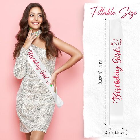 Birthday Queen Sash - Satin White Sash With Pink Foil - For 16th, 18th, 21st, 30th, 40th, 50th Birthdays in Kuwait
