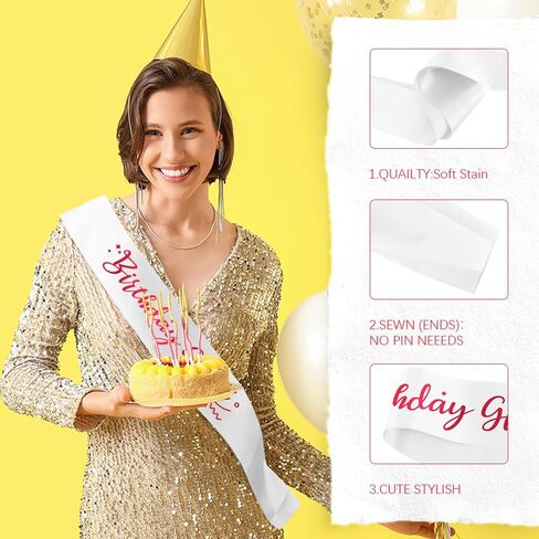 Birthday Queen Sash - Satin White Sash With Pink Foil - For 16th, 18th, 21st, 30th, 40th, 50th Birthdays in Kuwait