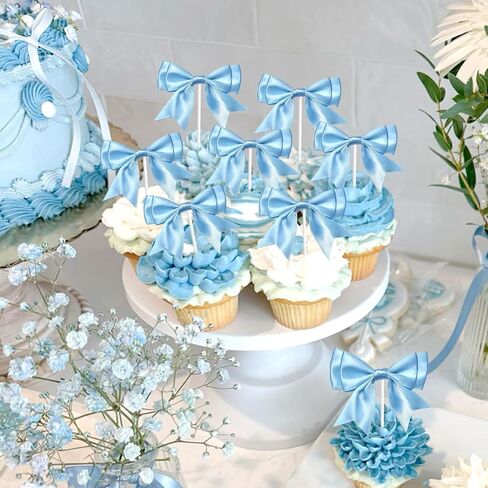Kreatwow Blue Bow Birthday Party Decorations Ribbon Bow Cupcake Toppers 25Pcs Bowknot Cake Decoration Blue Coquette Birthday Decors Bow Tie Birthday Decor for Baby Shower Bridal Shower Bachelorette in Saudi Arabia