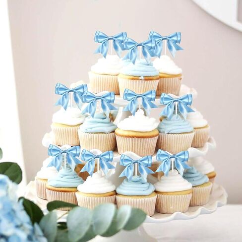 Kreatwow Blue Bow Birthday Party Decorations Ribbon Bow Cupcake Toppers 25Pcs Bowknot Cake Decoration Blue Coquette Birthday Decors Bow Tie Birthday Decor for Baby Shower Bridal Shower Bachelorette in Saudi Arabia