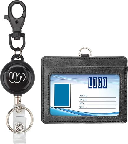 Wisdompro Badge Holder with Retractable Keychain, 2-Sided Horizontal PU Leather ID Badge Holder with 2 Card Slots and Badge Reel for Work ID, School ID, Metro Card & Access Card - Black in Kuwait