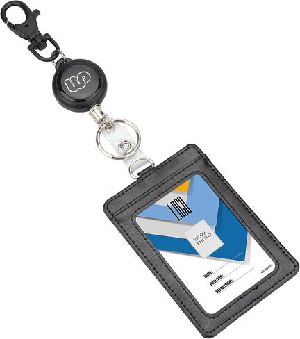 Wisdompro Badge Holder with Retractable Keychain, 2-Sided Horizontal PU Leather ID Badge Holder with 2 Card Slots and Badge Reel for Work ID, School ID, Metro Card & Access Card - Black in Kuwait