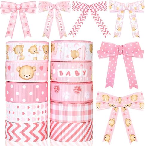 10Rolls 50Yards Pink Baby Shower Grosgrain Ribbon Pink Bear Heart Paw Printed Ribbon for Baby Shower Diaper Cake Decorations Birthday Party DIY Craft in Saudi Arabia