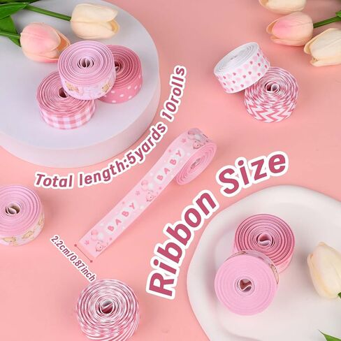 10Rolls 50Yards Pink Baby Shower Grosgrain Ribbon Pink Bear Heart Paw Printed Ribbon for Baby Shower Diaper Cake Decorations Birthday Party DIY Craft in Saudi Arabia