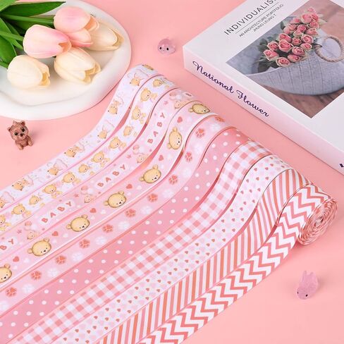 10Rolls 50Yards Pink Baby Shower Grosgrain Ribbon Pink Bear Heart Paw Printed Ribbon for Baby Shower Diaper Cake Decorations Birthday Party DIY Craft in Saudi Arabia