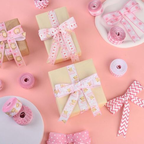 10Rolls 50Yards Pink Baby Shower Grosgrain Ribbon Pink Bear Heart Paw Printed Ribbon for Baby Shower Diaper Cake Decorations Birthday Party DIY Craft in Saudi Arabia