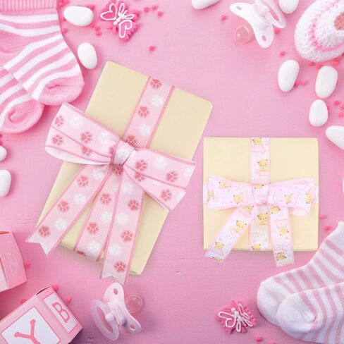 10Rolls 50Yards Pink Baby Shower Grosgrain Ribbon Pink Bear Heart Paw Printed Ribbon for Baby Shower Diaper Cake Decorations Birthday Party DIY Craft in Saudi Arabia