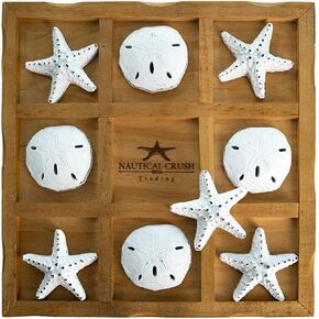 Starfish Tic Tac Toe Game - 9" x 9" - Beach Tic Tac Toe Game - Coastal Beach House Coffee Table Game Board - Tic Tac Toe Decor - Beach House Games - White Starfish & Sand Dollars