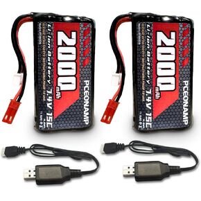 7.4V Li-ion Battery 2000mAh 2S with JST Plug Rechargeable High Capacity RC Battery with 2 USB Charger Cable for RC Car RC Boat