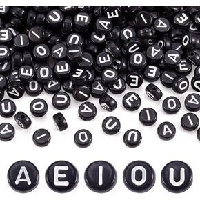 Pandahall 500Pcs Vowel Letter Beads Black A E I O U Round Acrylic Letter Beads 4x7mm Acrylic Initial Alphabet Beads for Friendship Bracelet Jewelry Making