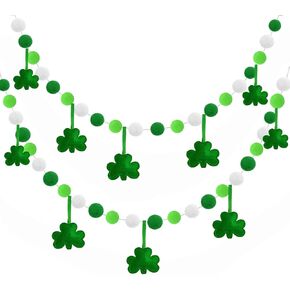 St Patricks Day Decorations, Felt Pom Pom Banner with Lucky Shamrock Hangings Green White Ball Clover Decorative Irish Hanging Bunting Garland for St. Patrick's Day Home Mantel Wall Decor