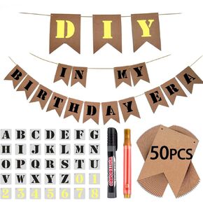 DIY Brown Banner Kit Custom Banner 50 Flags 36 Letters&Numbers Stencil 2 Markers Personalized Banner for Music Fans Birthday Era Party Decoration Banner Wedding Shower Disco Party Décor