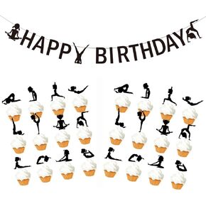 Yoga Birthday Decoration Kit Yoga Banner & Muffin Cupcake Toppers Yoga Girls Silhouettes Party Decorations Yoga Day for Kids Birthday Baby Shower 1st Birthday Yoga Class Training Planning
