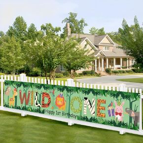 Kimini-Ki Wild One Banner 1st Birthday for Boy Girl, Large Wild One First Birthday Yard Sign, Jungle Animal Theme One Wild Year Banner