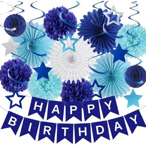 Blue Birthday Decorations for Men Boys Navy Blue Happy Birthday Banner Paper Fans Paper Pom Poms Star Hanging Swirls for Men Women Boys Girls Blue Birthday Party Decor