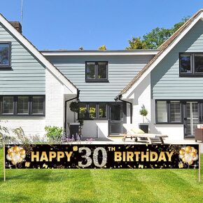 30th Birthday Party Decorations Yard Banner for Women Men, Black Gold Thirty Year Old Birthday Party Decorations for Him Her, 157 x 20inch Extra Large Birthday Party Backdrop Supplies PHXEY