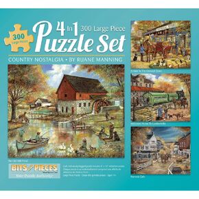 Bits and Pieces – 4-in-1 Multi-Pack 300 Piece Jigsaw Puzzles for Adults – Country Pond Harvest Café Home General Store Jigsaw Puzzles by Artist Ruane Manning, Completed Puzzle Size: 16" x 20"