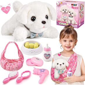 Golray Toy Dog for Kids Girls, Stuffed Dog with Heart Beat & Skeleton Transform, Sling Carrier & Toddler Girl Toy Kid Plush Puppy Pet Care Pretend Play Set, Birthday Gift for Girl 3 4 5 6 7 Years Old