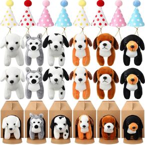 12 Set Mini Plush Toy Stuffed Animals Adopt a Dog Set with 12 Stuffed Dogs 12 Kraft Paper Boxes 12 Birthday Hats for Boys and Girls Animal Theme Birthday Party Favors(Brown)