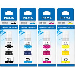 GI 25 GI-25 Compatible Ink Bottles Replacement for GI25 Refill Ink Bottles for Canon MAXIFY GX2020 GX1020 Inkjet Printers (4-Pack, Black, Cyan, Magenta, Yellow)