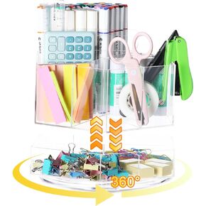 Acrylic Marker Organizer with Double Layer, Pen Holder for Desk with 7 Large Capacity Spacers, Desk Organizer&Desk Accessories for Pencil/Art Supply/Crayon With Larger Lazy Susan For Office/Classroom