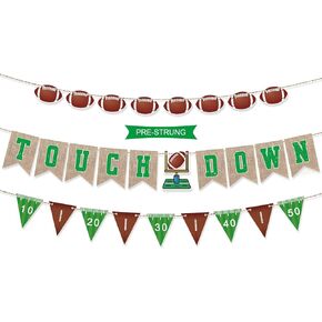 Pre-Strung 6ft Burlap Touch Down Football Banner for Football Party Decorations, Football Party Supplies, Green