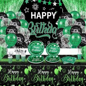 Green and Black Birthday Decorations for Men Women 131PCS Green Birthday Party Decorations for Boys Girls Black Green Birthday Party Supplies Green Black Happy Birthday Banner Balloons Tableware Set