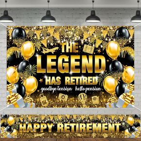 2pcs Retirement Party Decorations The Legend Has Retired Backdrop and Happy Retirement Banner for Men and Women Large Black Gold Retirement Yard Sign for Retirement Party Supplies