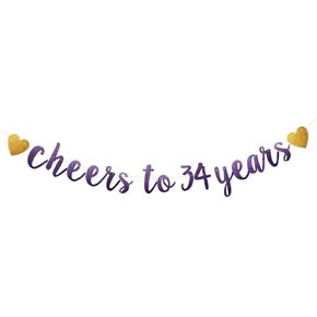 Betteryanzi Purple Glitter Paper Banner ، ما قبل الشوط ، والزواج من الذكرى الـ 34 ، مستلزمات زواج حفلات الزواج ، رسائل Purple Cheers إلى 34 عامًا