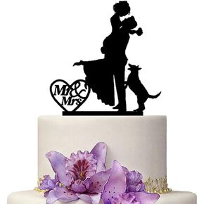Mr And Mrs Wedding Cake Toppers With Pet Dog Animal Black Color Acrylic Silhouette Wedding Party Engagement Decoration