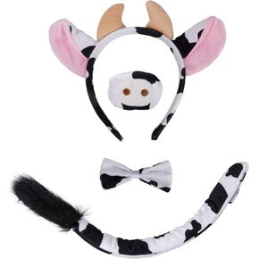 4 Pieces Animal Cow Costume Set Cow Ears Headband Tail Nose Bowtie for Halloween Dress Up Cosplay Party