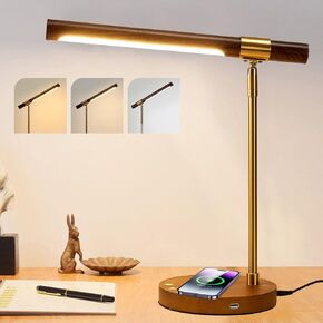 مصباح مكتب الحبوب الخشبية LED مع شاحن لاسلكي ، مصابيح مكتب للمكتب المنزلي مع ميناء شحن USB ، مصباح مكتب التحكم باللمس قابل للتعديل ، مصباح مكاتب يعمل بالعيون مع ضوء الليل
