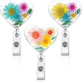 3 Pieces Retractable ID Badge Holder Dried Flower Resin Nurse Badge Reels with Swivel Clip Retractable ID Badge Clip Floral Badge Reel Heart Name Badge Reels for Office School Doctor Nurse (Classic)