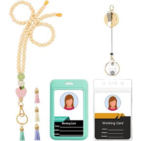 Women Lanyard with id Badge Holder,Silicone Wooden Beaded Lanyard for ID Badges Keys，Cute Breakaway Lanyard with 4 Colors of Tassels for Teacher Worker Staff